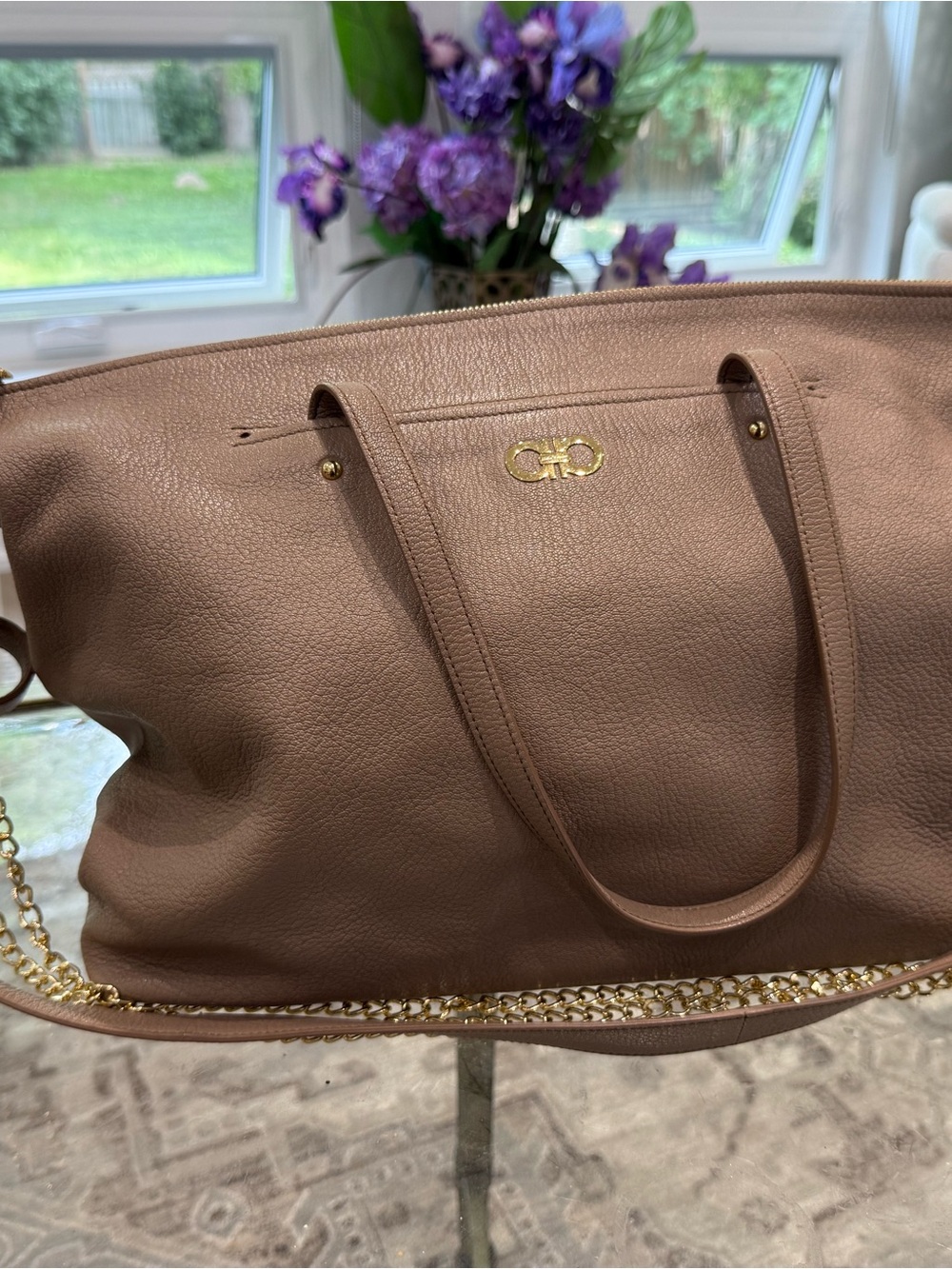 Salvatore Ferragamo Taupe Leather Tote with Gold Hardware